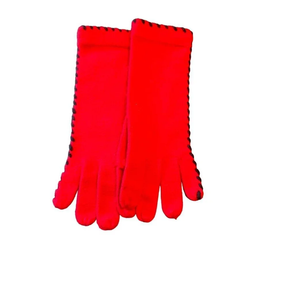 Vintage Red Knit Gloves With Black‎ Trim Approximate Size Medium